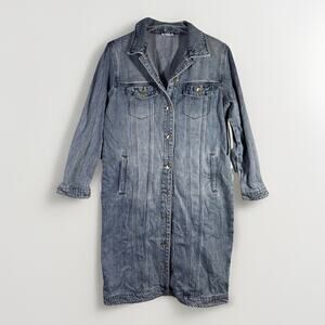 Tribal Women’s M Long Denim Duster Jacket Blue Button Up Jean Trench Coat